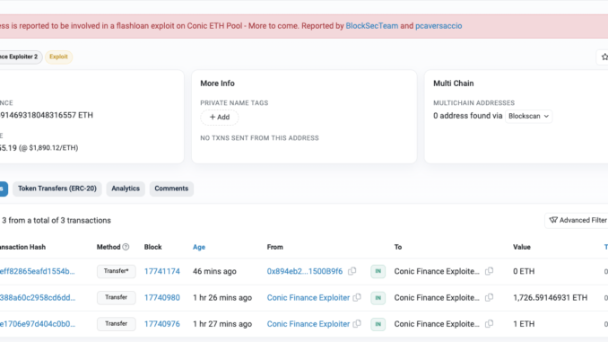 Curve omnipool platform Conic Finance hacked for $3.2M in ETH Curve omnipool platform Conic Finance hacked for $3.2M in ETH