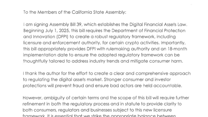California Gov. Newsom greenlights crypto regulation bill for 2025 California Gov. Newsom greenlights crypto regulation bill for 2025