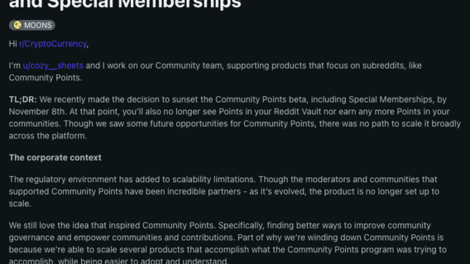 Reddit to wind down blockchain-based rewards service ‘Community Points’ Reddit to wind down blockchain-based rewards service ‘Community Points’