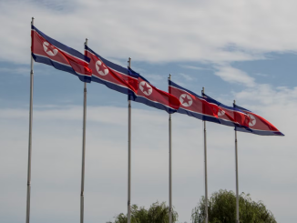North Korean flags waving in the wind.